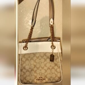 Coach Beige and White Signature Shoulder Bag